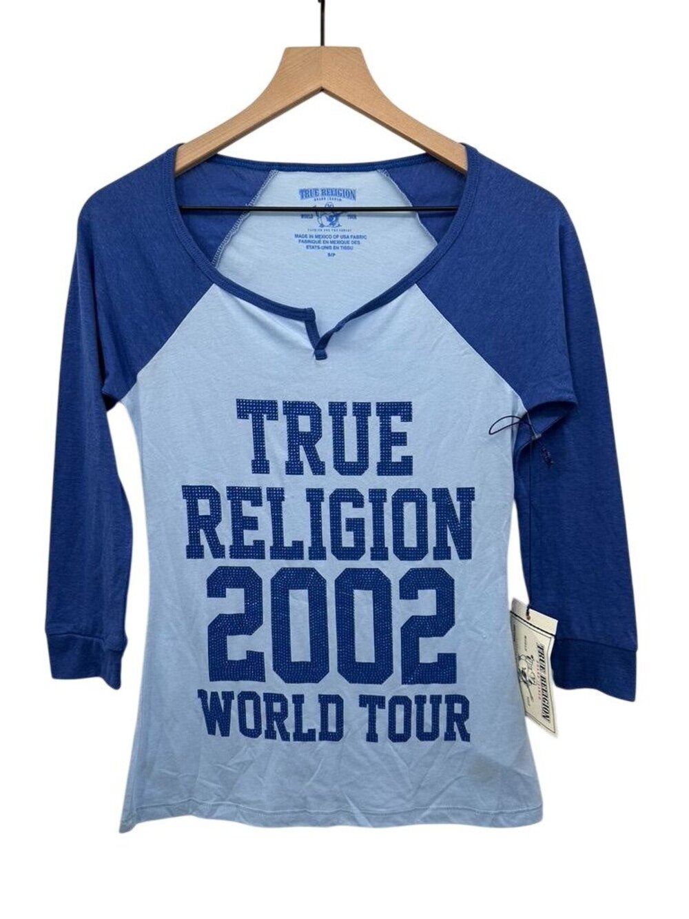 True Religion Womens 2002 World Tour Raglan 3/4 Sleeve T-Shirt Sky Blue & Cobalt